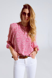 Q2 Women's Blouse Pink Chiffon Blouse With Floral Print And Long Balloon Sleeves