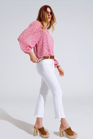 Q2 Women's Blouse Pink Chiffon Blouse With Floral Print And Long Balloon Sleeves