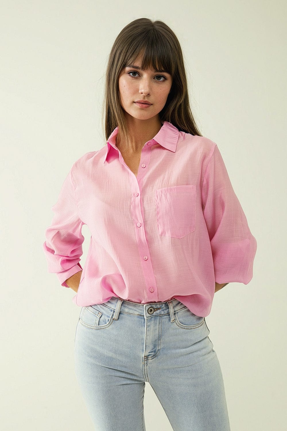 Q2 Women's Blouse Pink Chiffon Shirt With Long Sleeves And One Chest Pocket