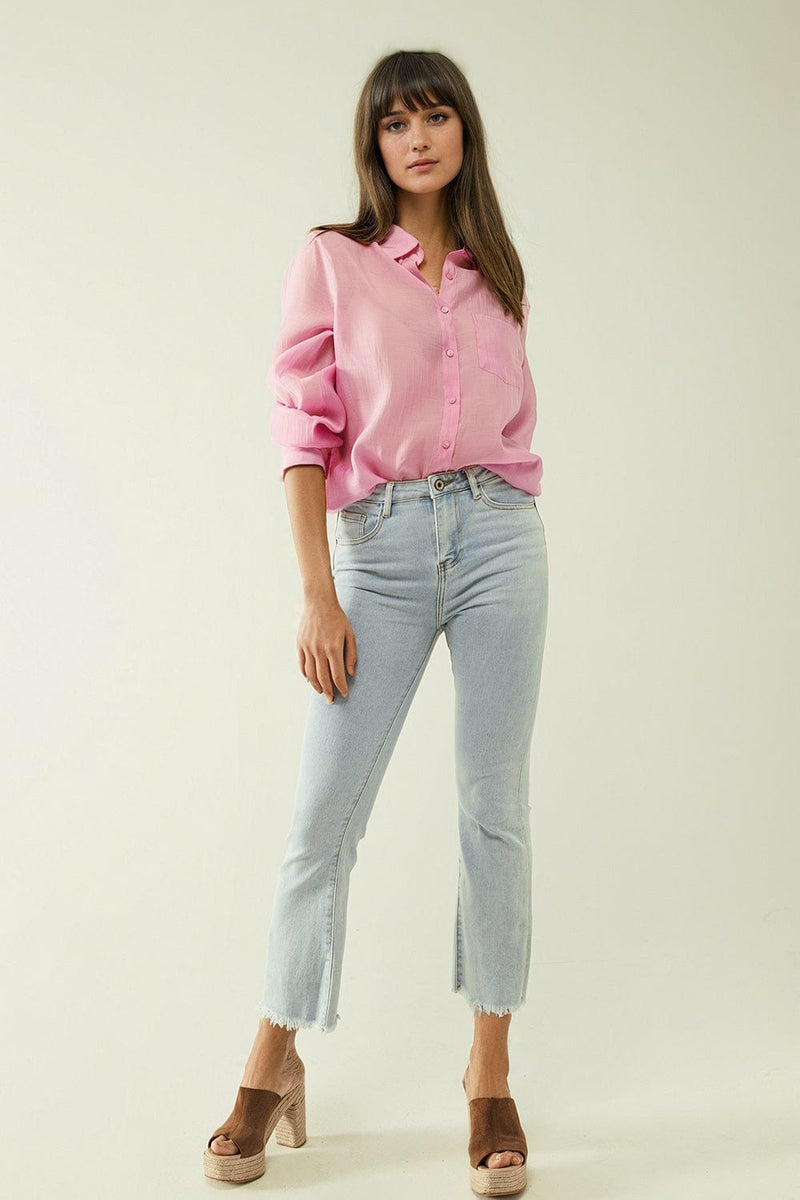 Q2 Women's Blouse Pink Chiffon Shirt With Long Sleeves And One Chest Pocket