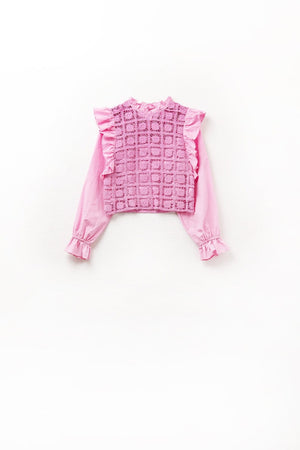 Q2 Women's Blouse Pink Crochet Top With Ruffle Trim And Long Sleeves