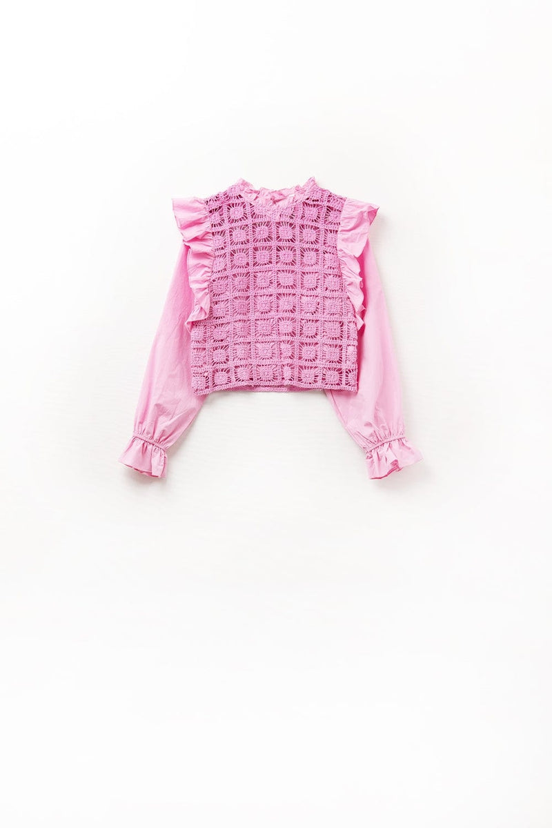 Q2 Women's Blouse Pink Crochet Top With Ruffle Trim And Long Sleeves