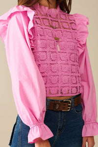 Q2 Women's Blouse Pink Crochet Top With Ruffle Trim And Long Sleeves