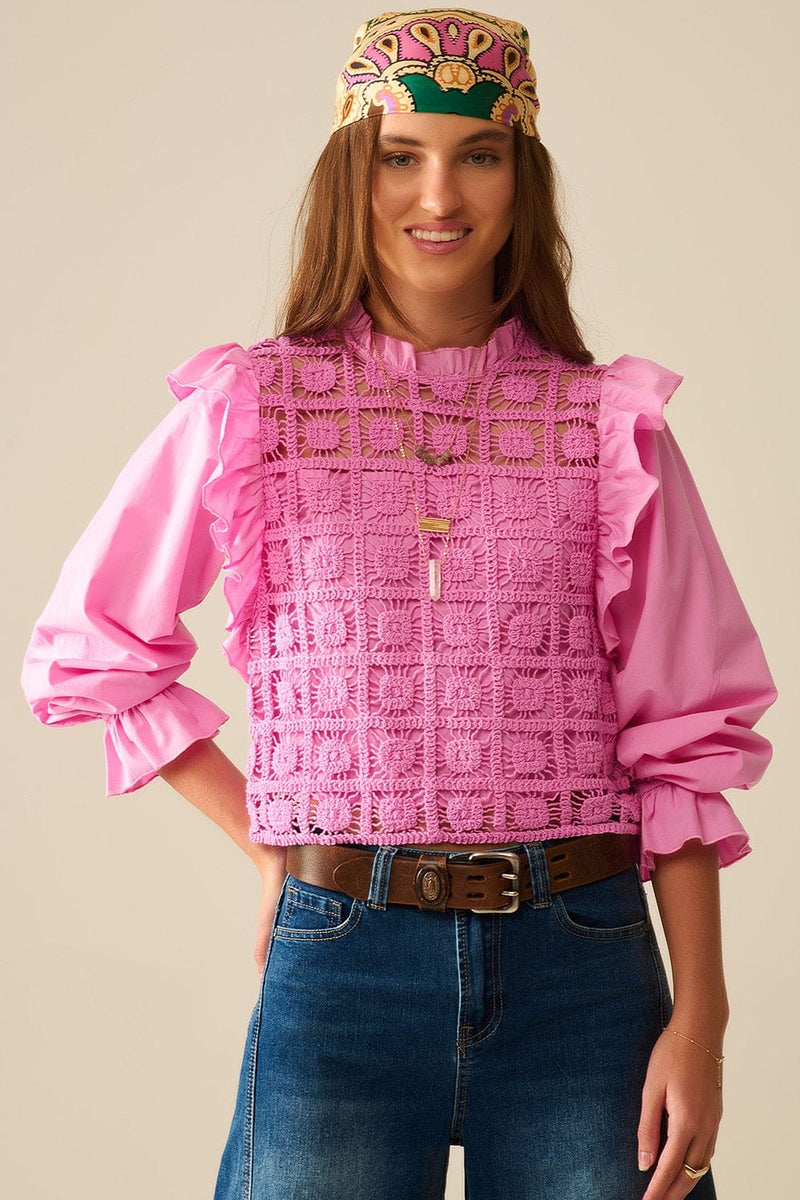 Q2 Women's Blouse Pink Crochet Top With Ruffle Trim And Long Sleeves