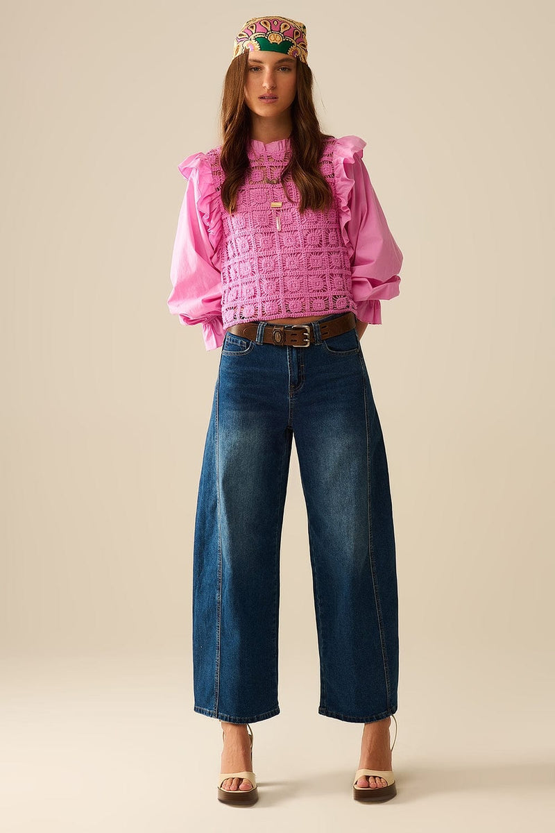Q2 Women's Blouse Pink Crochet Top With Ruffle Trim And Long Sleeves