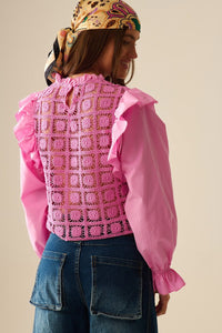 Q2 Women's Blouse Pink Crochet Top With Ruffle Trim And Long Sleeves