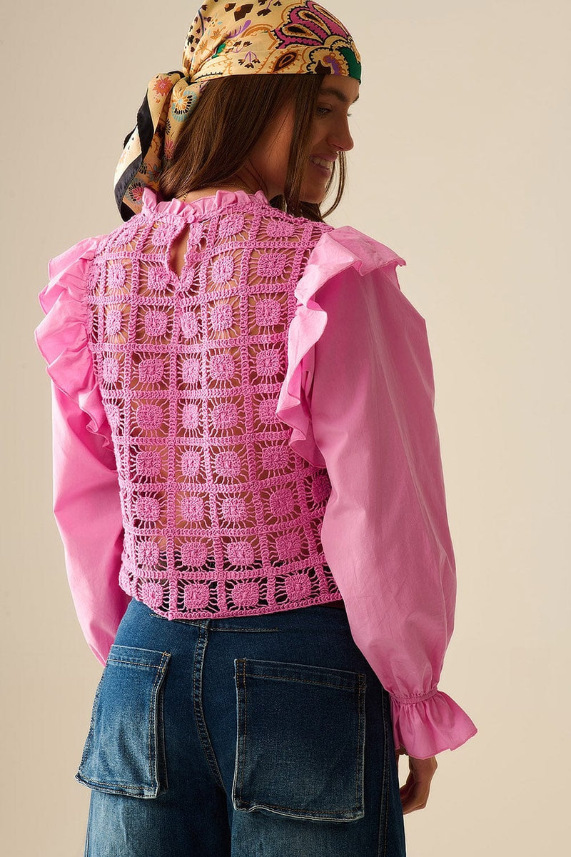Q2 Women's Blouse Pink Crochet Top With Ruffle Trim And Long Sleeves