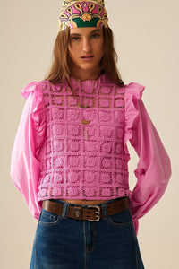 Q2 Women's Blouse Pink Crochet Top With Ruffle Trim And Long Sleeves