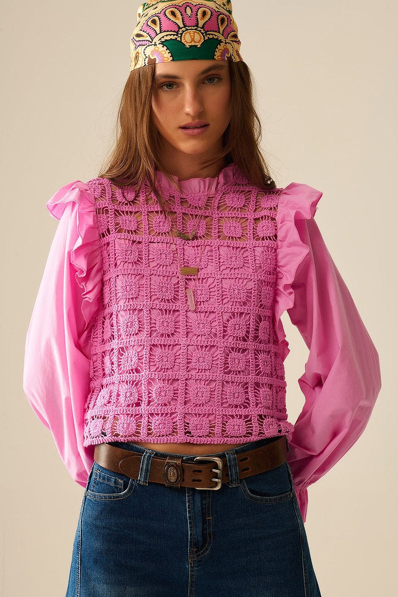 Q2 Women's Blouse Pink Crochet Top With Ruffle Trim And Long Sleeves