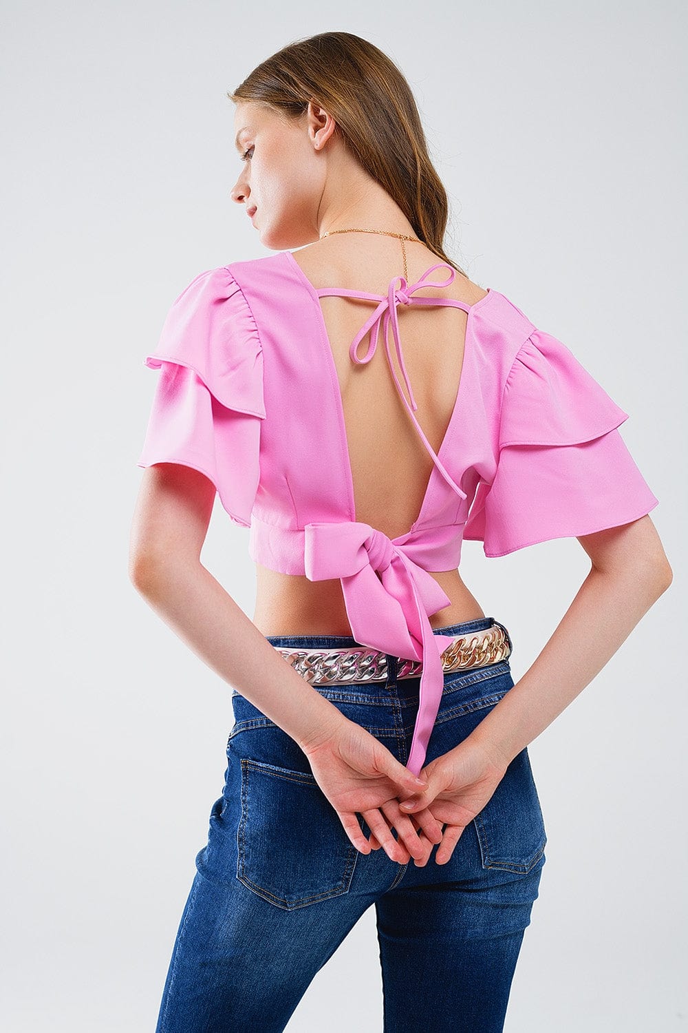 Q2 Women's Blouse Pink Crop Top With Short Sleeves And V-Neck