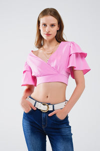 Q2 Women's Blouse Pink Crop Top With Short Sleeves And V-Neck