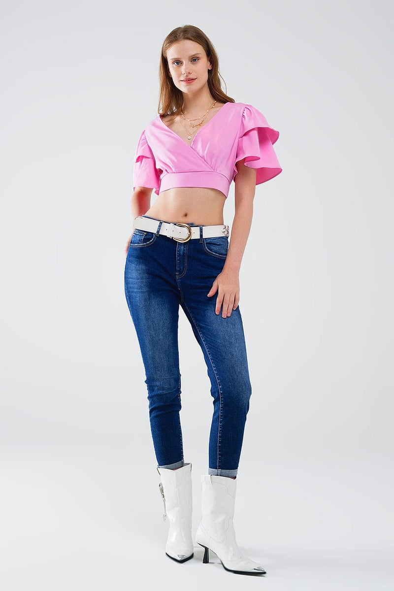 Q2 Women's Blouse Pink Crop Top With Short Sleeves And V-Neck