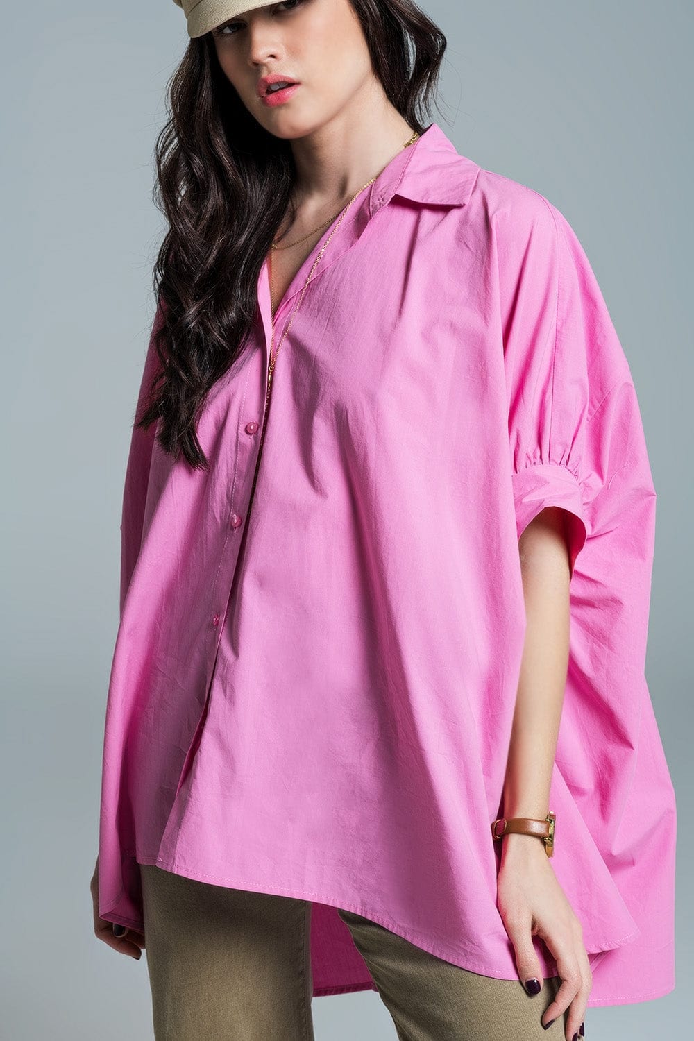 Q2 Women's Blouse Pink Oversized Blouse With Short Sleeves