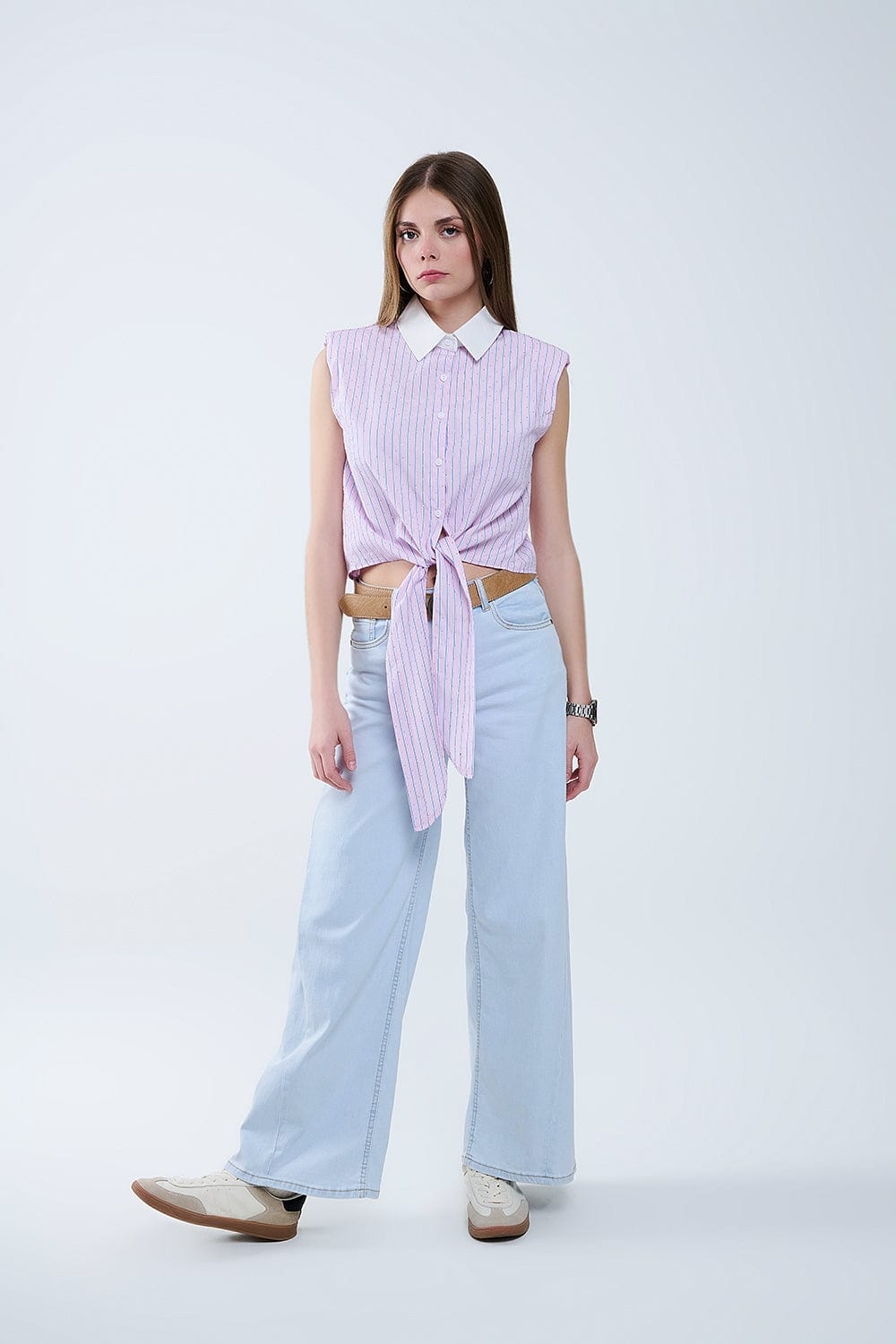 Q2 Women's Blouse Pink Sleeveless Crop Top With Front Knot