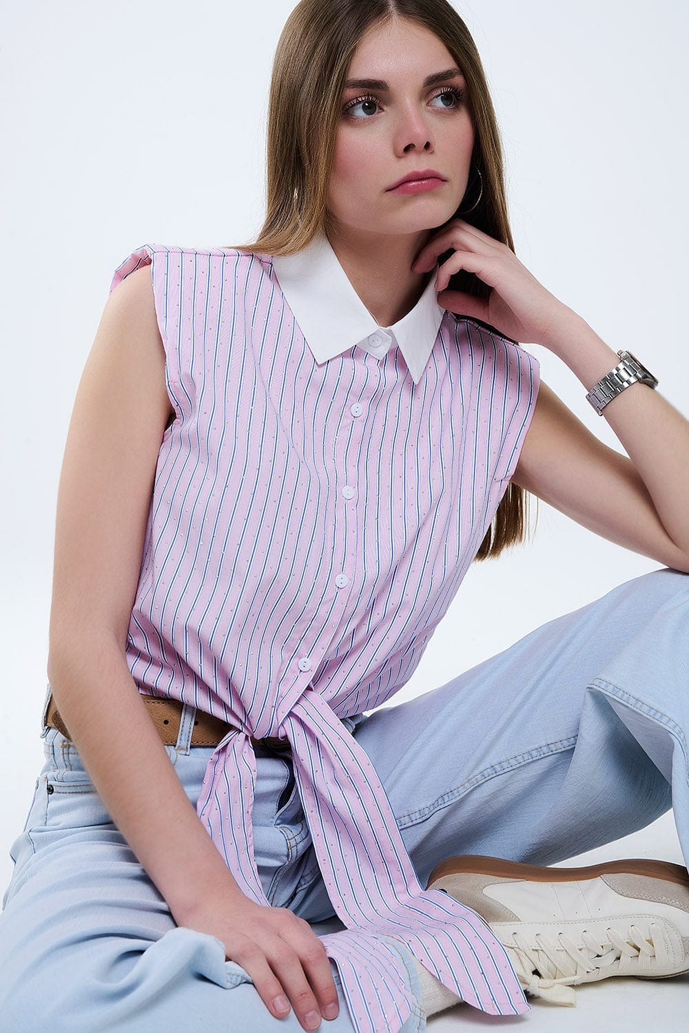 Q2 Women's Blouse Pink Sleeveless Crop Top With Front Knot
