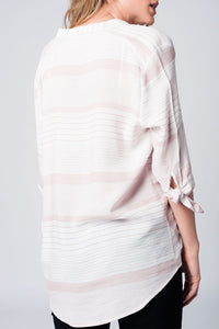 Q2 Women's Blouse Pink stripe shirt with tie sleeves
