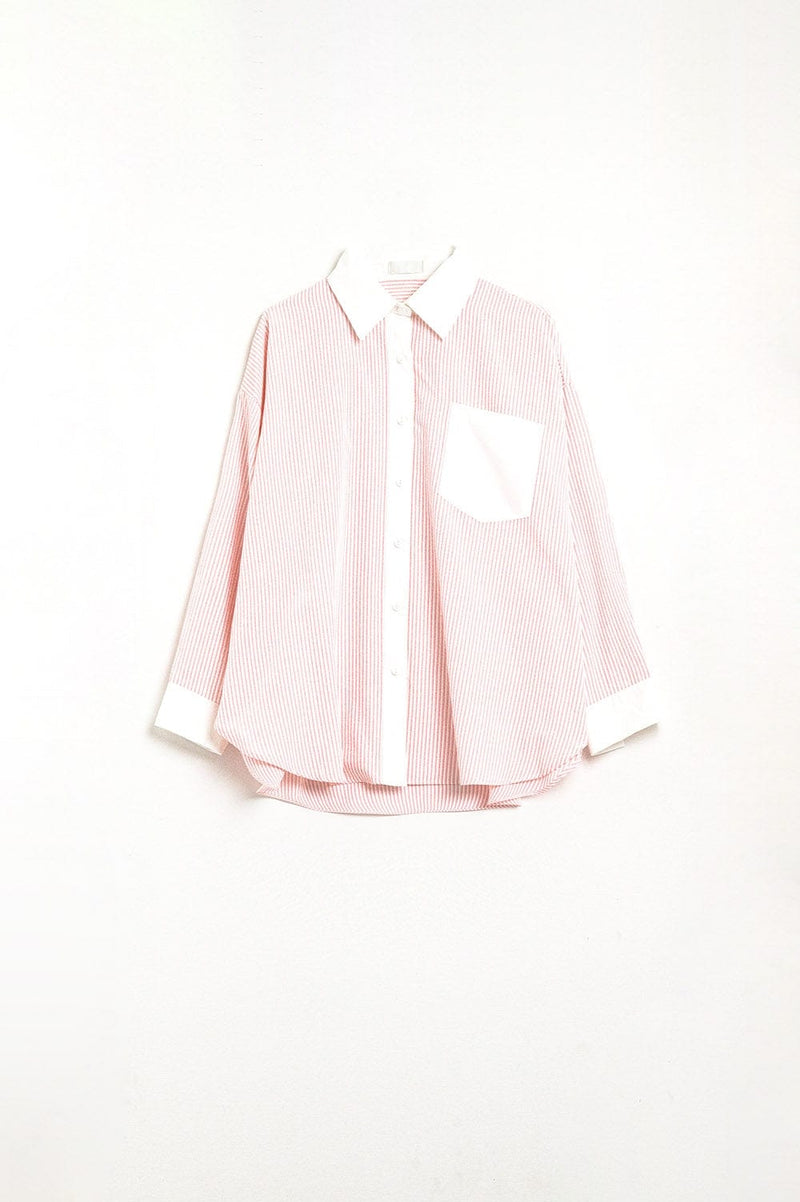 Q2 Women's Blouse Pink Striped Shirt With Pocket And White Collar