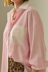 Q2 Women's Blouse Pink Striped Shirt With Pocket And White Collar