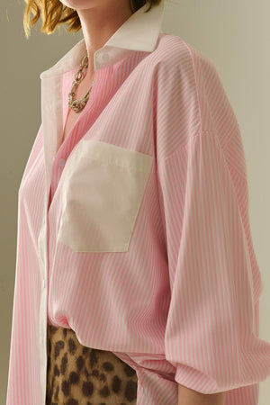 Q2 Women's Blouse Pink Striped Shirt With Pocket And White Collar