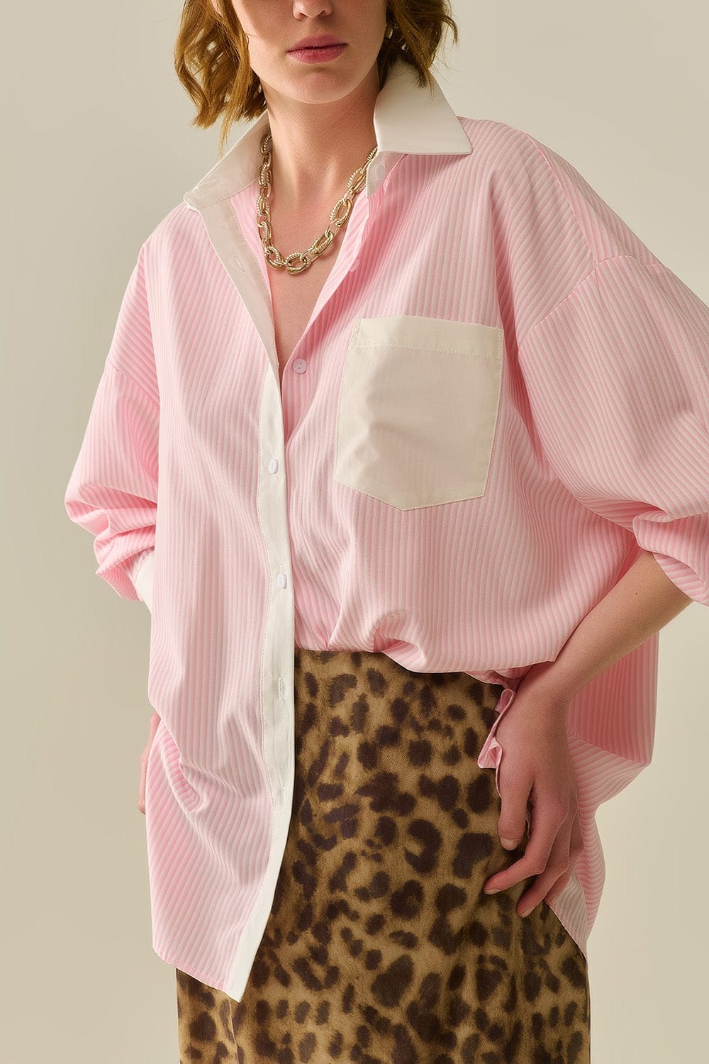 Q2 Women's Blouse Pink Striped Shirt With Pocket And White Collar