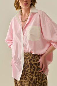 Q2 Women's Blouse Pink Striped Shirt With Pocket And White Collar