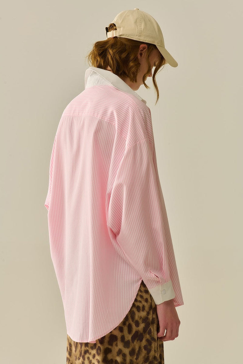 Q2 Women's Blouse Pink Striped Shirt With Pocket And White Collar