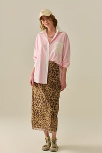 Q2 Women's Blouse Pink Striped Shirt With Pocket And White Collar