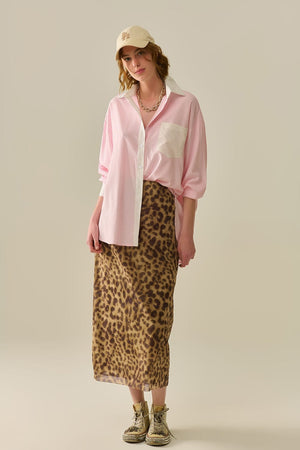Q2 Women's Blouse Pink Striped Shirt With Pocket And White Collar