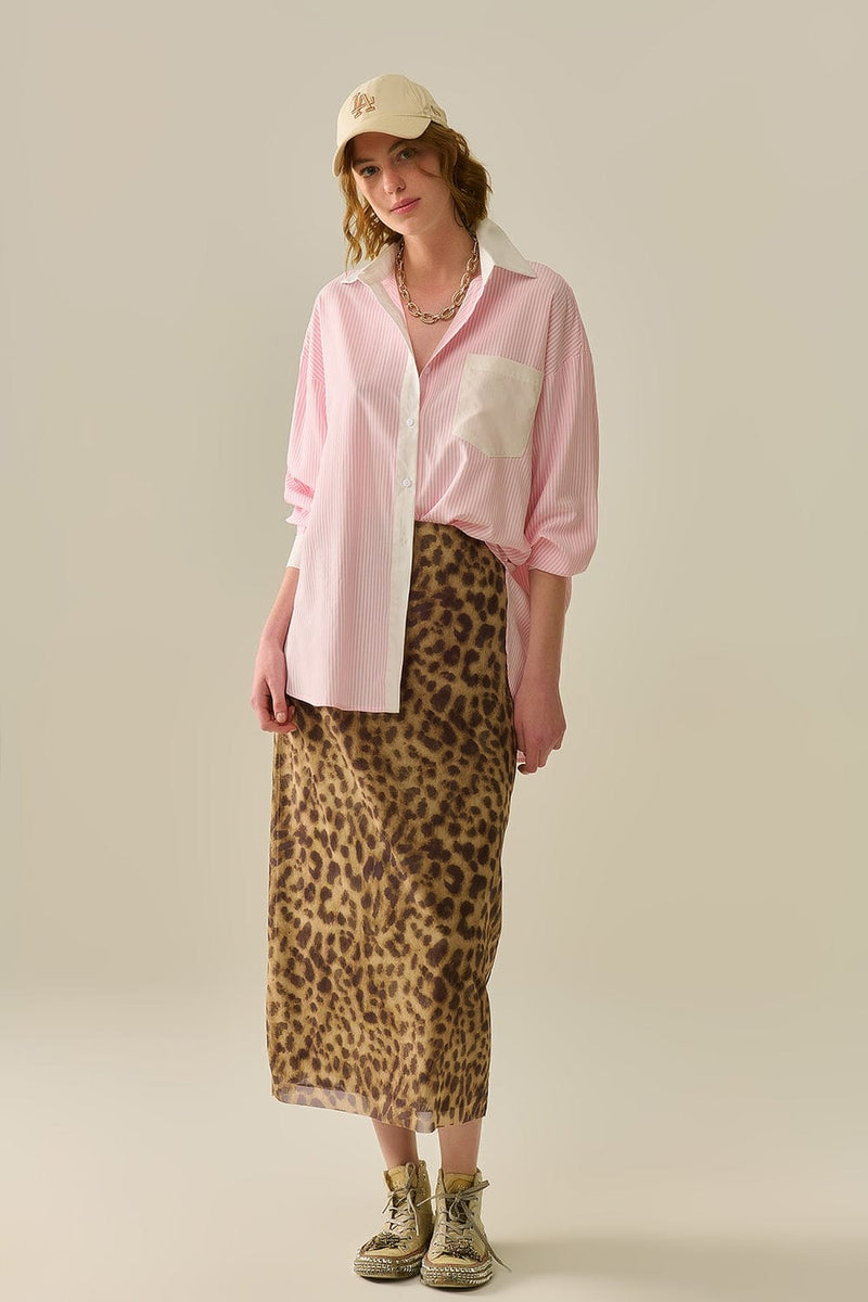 Q2 Women's Blouse Pink Striped Shirt With Pocket And White Collar