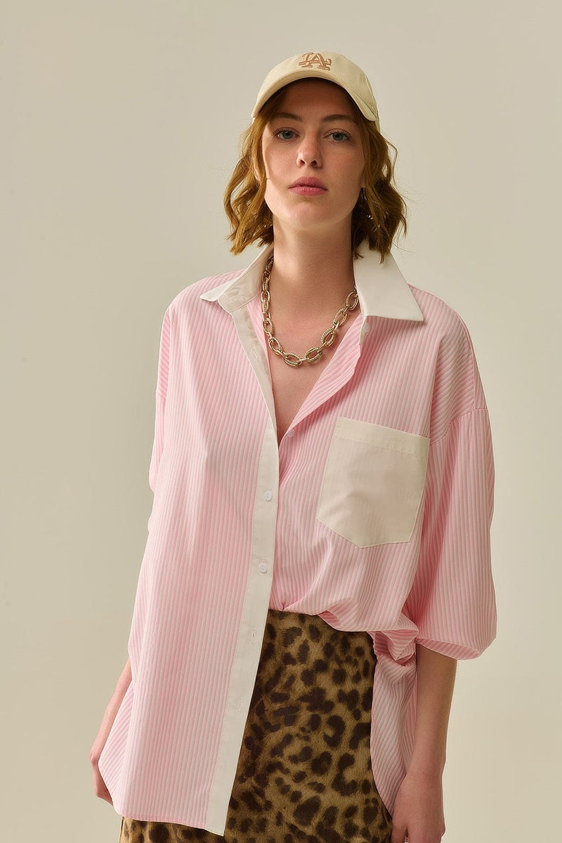 Q2 Women's Blouse Pink Striped Shirt With Pocket And White Collar