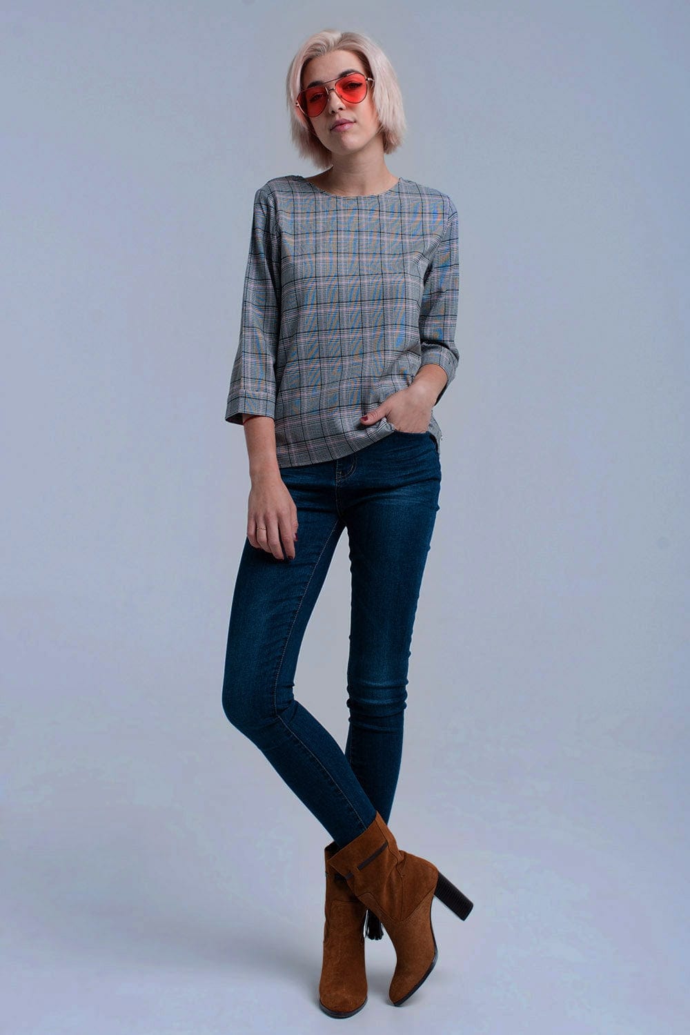 Q2 Women's Blouse Pink tartan pattern top with ribbons