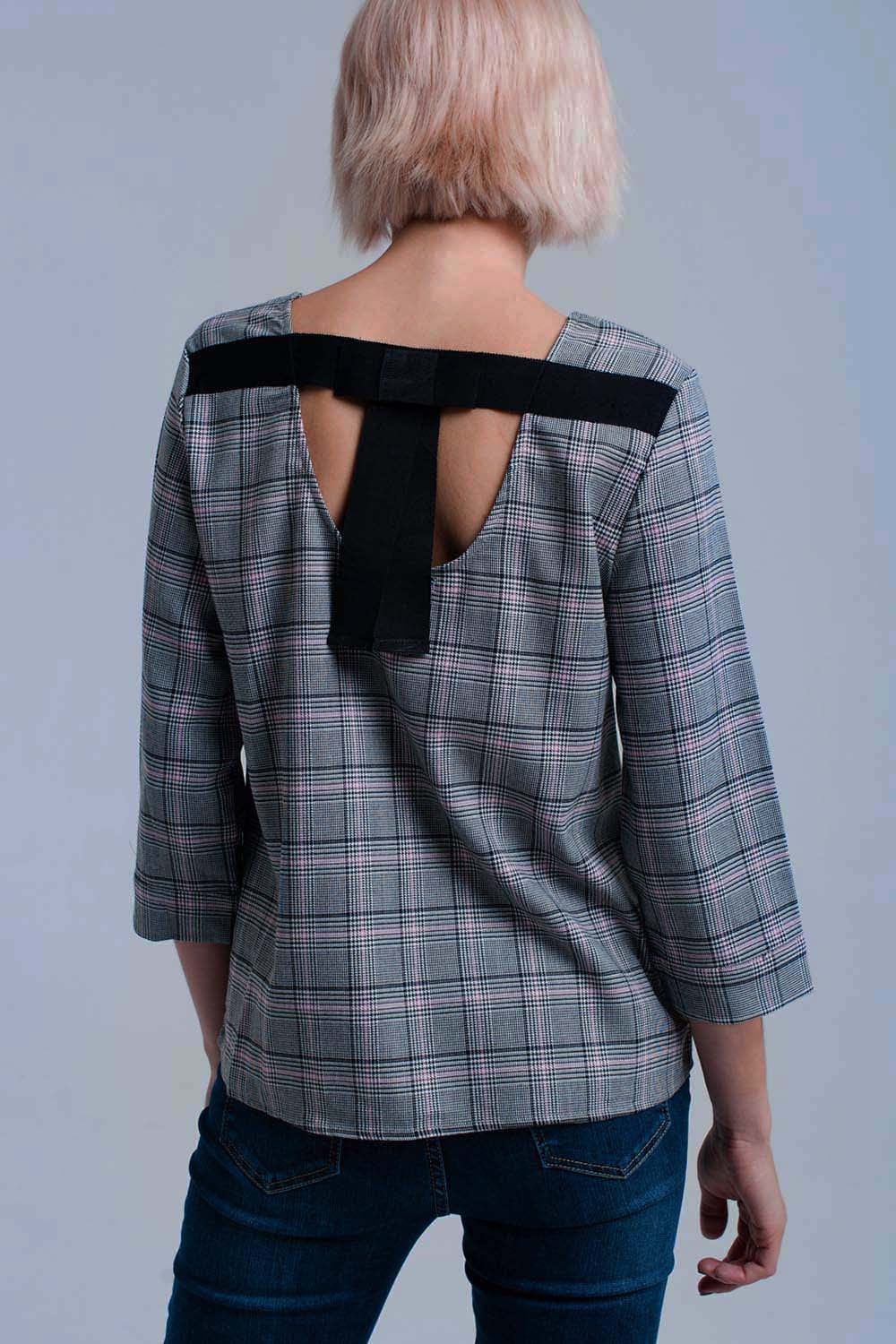 Q2 Women's Blouse Pink tartan pattern top with ribbons