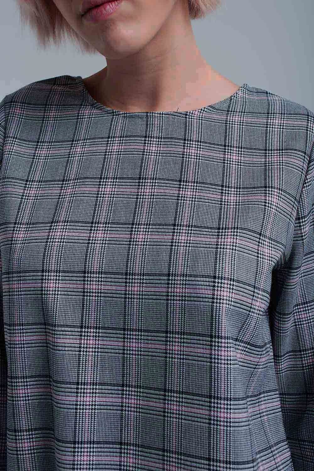 Q2 Women's Blouse Pink tartan pattern top with ribbons