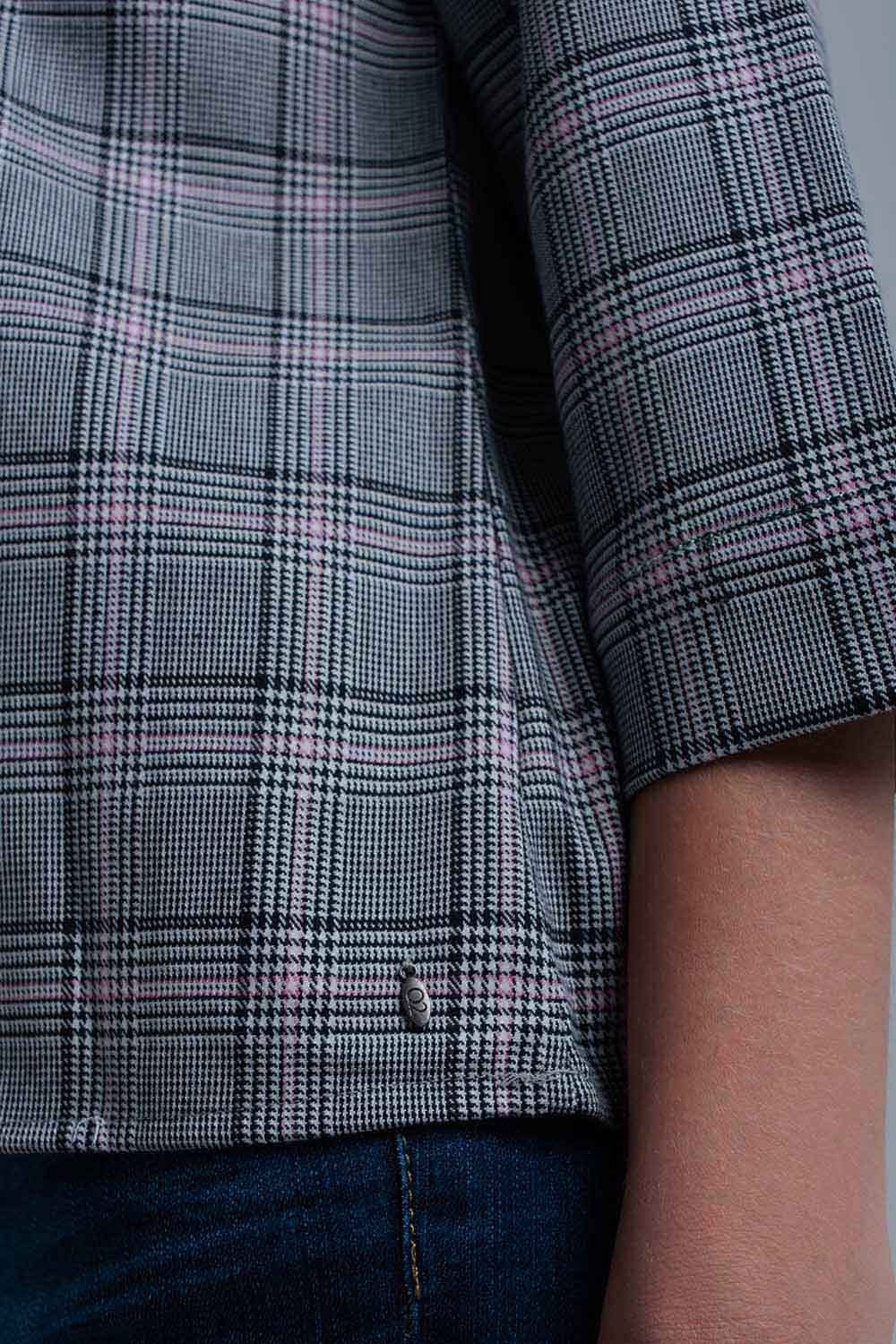 Q2 Women's Blouse Pink tartan pattern top with ribbons