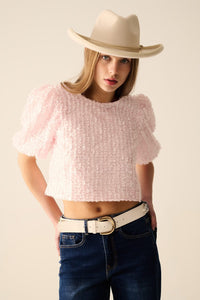 Q2 Women's Blouse Pink Top With Sequin Detail And Balloon Sleeves