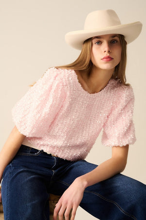 Q2 Women's Blouse Pink Top With Sequin Detail And Balloon Sleeves