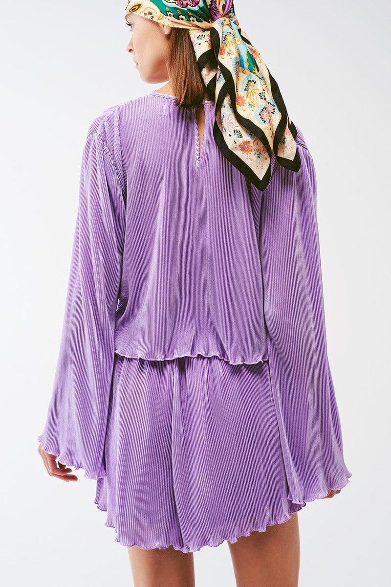 Q2 Women's Blouse Pleated Round Neck Crop Top in lilac