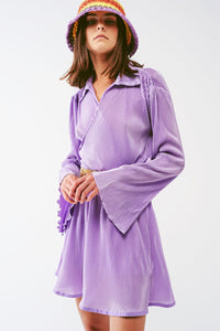 Q2 Women's Blouse Pleated Satin Wrap Top in lilac