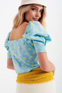 Q2 Women's Blouse Polka Dot Top with Puffed Sleeves and Square Neckline Blue and Green