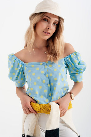 Q2 Women's Blouse Polka Dot Top with Puffed Sleeves and Square Neckline Blue and Green