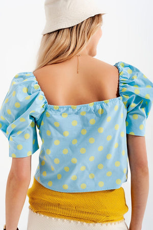 Q2 Women's Blouse Polka Dot Top with Puffed Sleeves and Square Neckline Blue and Green