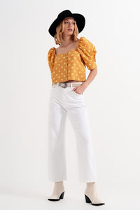 Q2 Women's Blouse Polka Dot Top with Puffed Sleeves and Square Neckline in Yellow