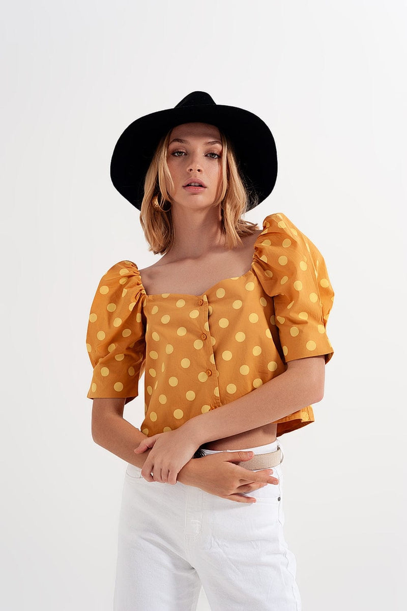 Q2 Women's Blouse Polka Dot Top with Puffed Sleeves and Square Neckline in Yellow