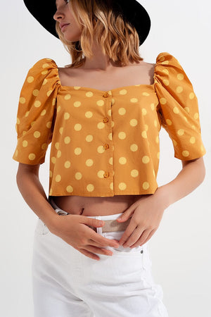 Q2 Women's Blouse Polka Dot Top with Puffed Sleeves and Square Neckline in Yellow