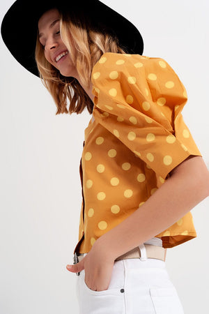 Q2 Women's Blouse Polka Dot Top with Puffed Sleeves and Square Neckline in Yellow