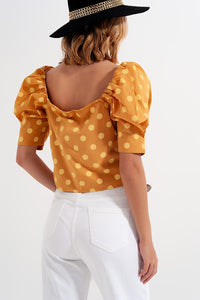 Q2 Women's Blouse Polka Dot Top with Puffed Sleeves and Square Neckline in Yellow