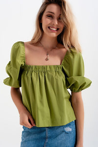 Q2 Women's Blouse Poplin Balloon Sleeve Top in Green