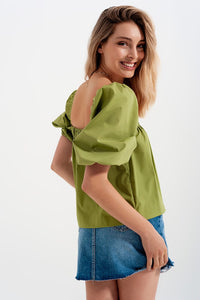 Q2 Women's Blouse Poplin Balloon Sleeve Top in Green