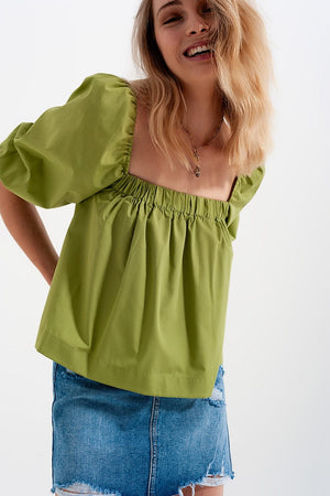 Q2 Women's Blouse Poplin Balloon Sleeve Top in Green