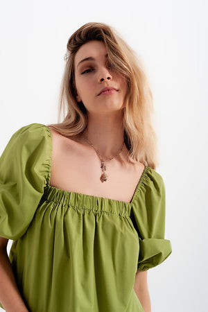 Q2 Women's Blouse Poplin Balloon Sleeve Top in Green